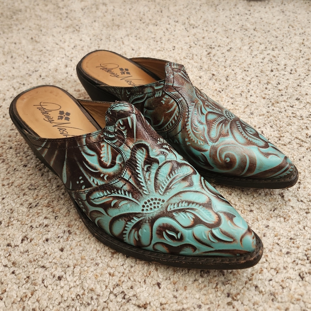 Patricia Nash Turquoise and Brown Embossed Mules